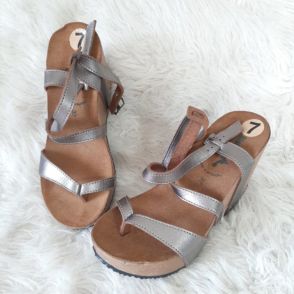 Bionatura Women's Nubuck Leather Silver Strap Wedge Open Toe High Heel Sandals